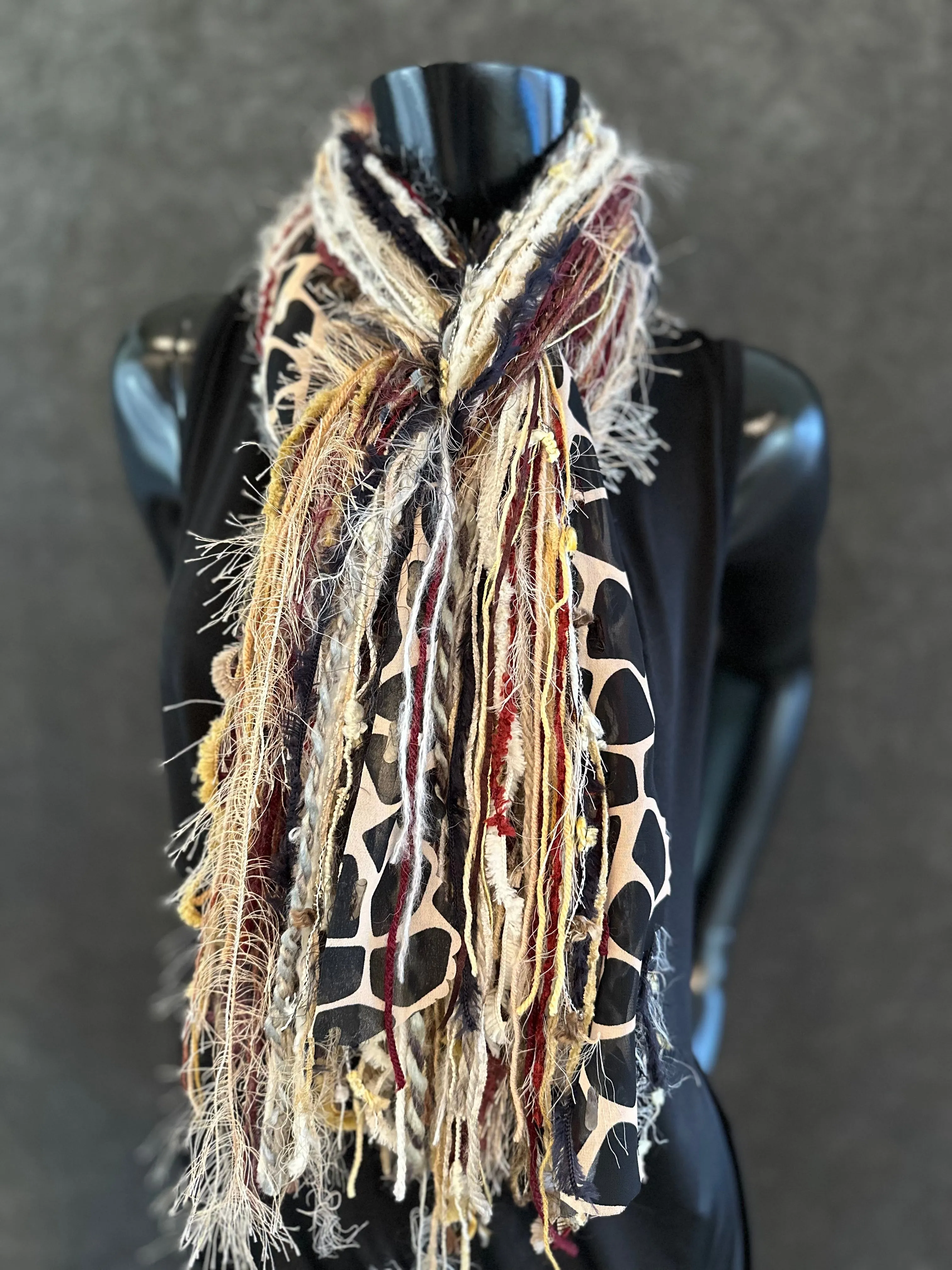 Fringie scarf in burgundy beige shades with giraffe print, bohemian style, boho chic