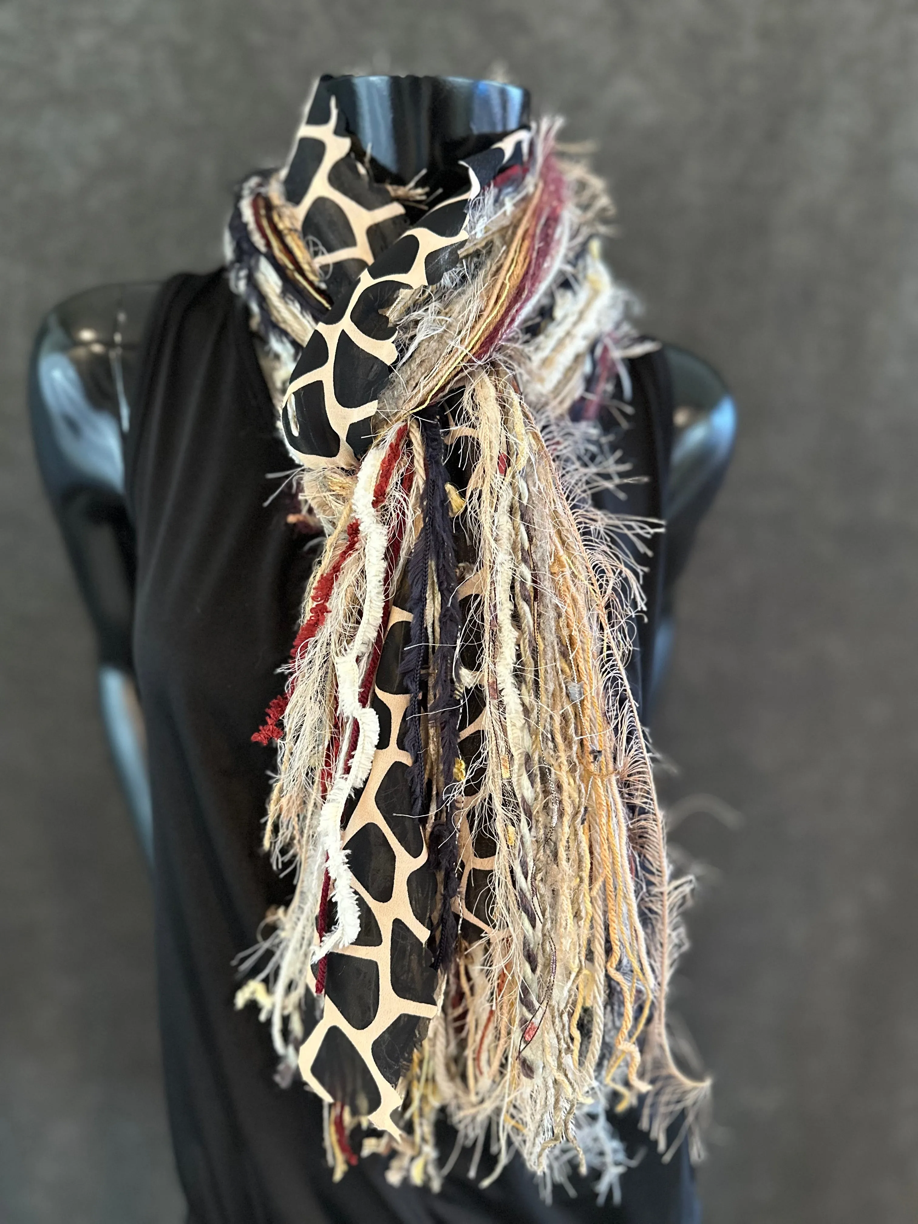 Fringie scarf in burgundy beige shades with giraffe print, bohemian style, boho chic