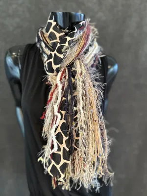 Fringie scarf in burgundy beige shades with giraffe print, bohemian style, boho chic