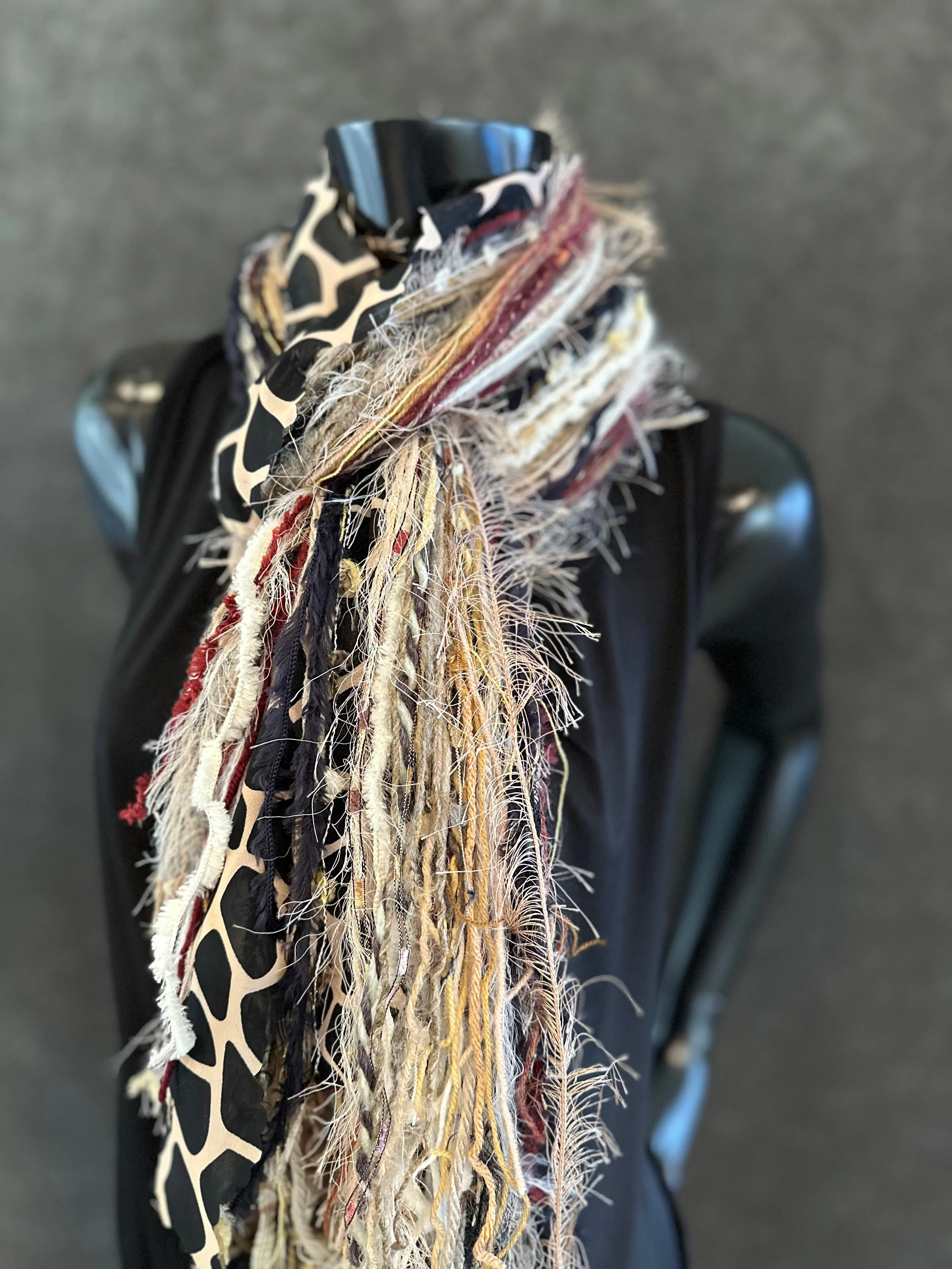 Fringie scarf in burgundy beige shades with giraffe print, bohemian style, boho chic
