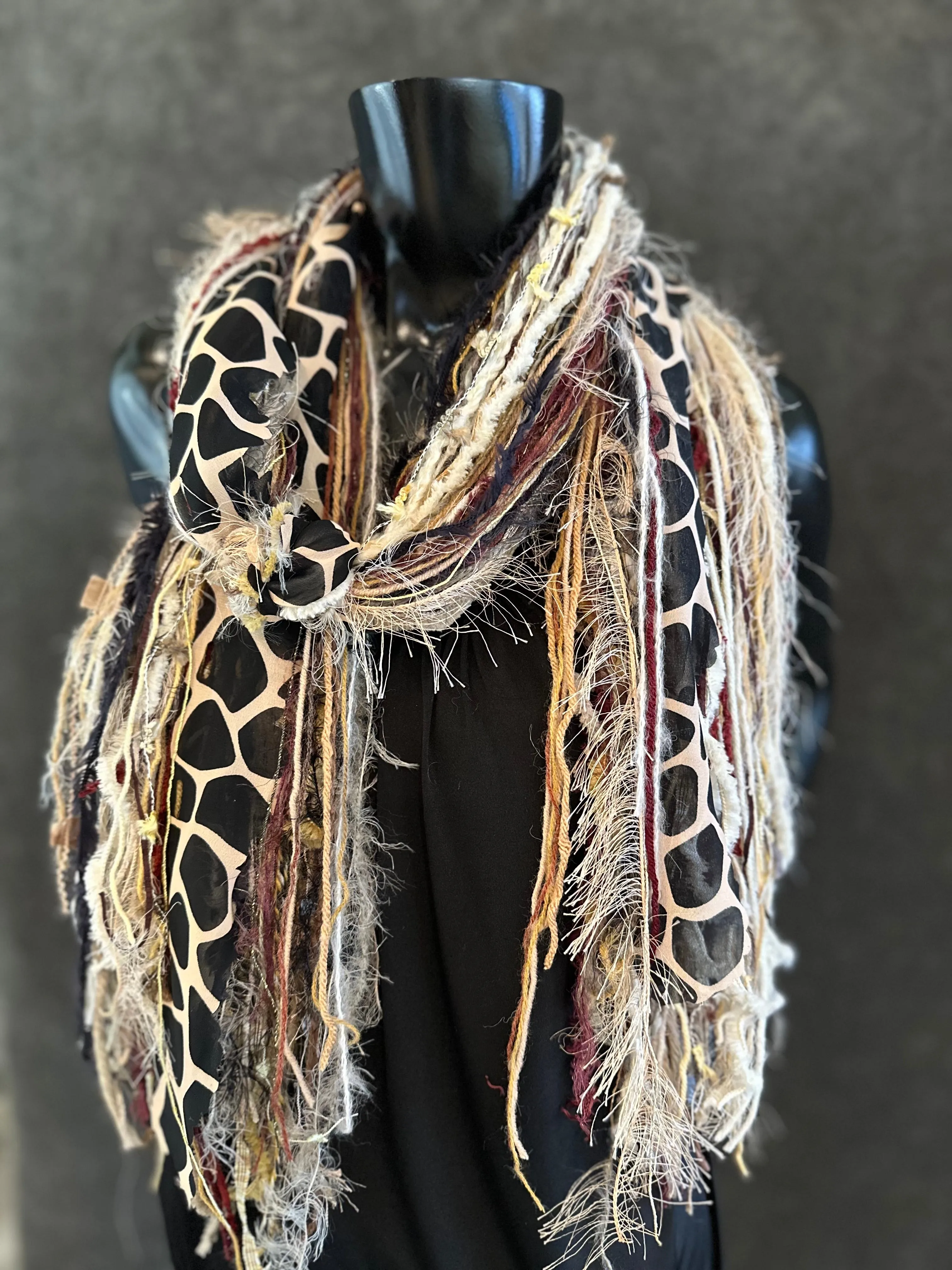 Fringie scarf in burgundy beige shades with giraffe print, bohemian style, boho chic