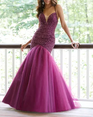 Glamorous 2019 Mermaid Evening Dresses Beaded Bodice V-Neck Tulle Formal Dress