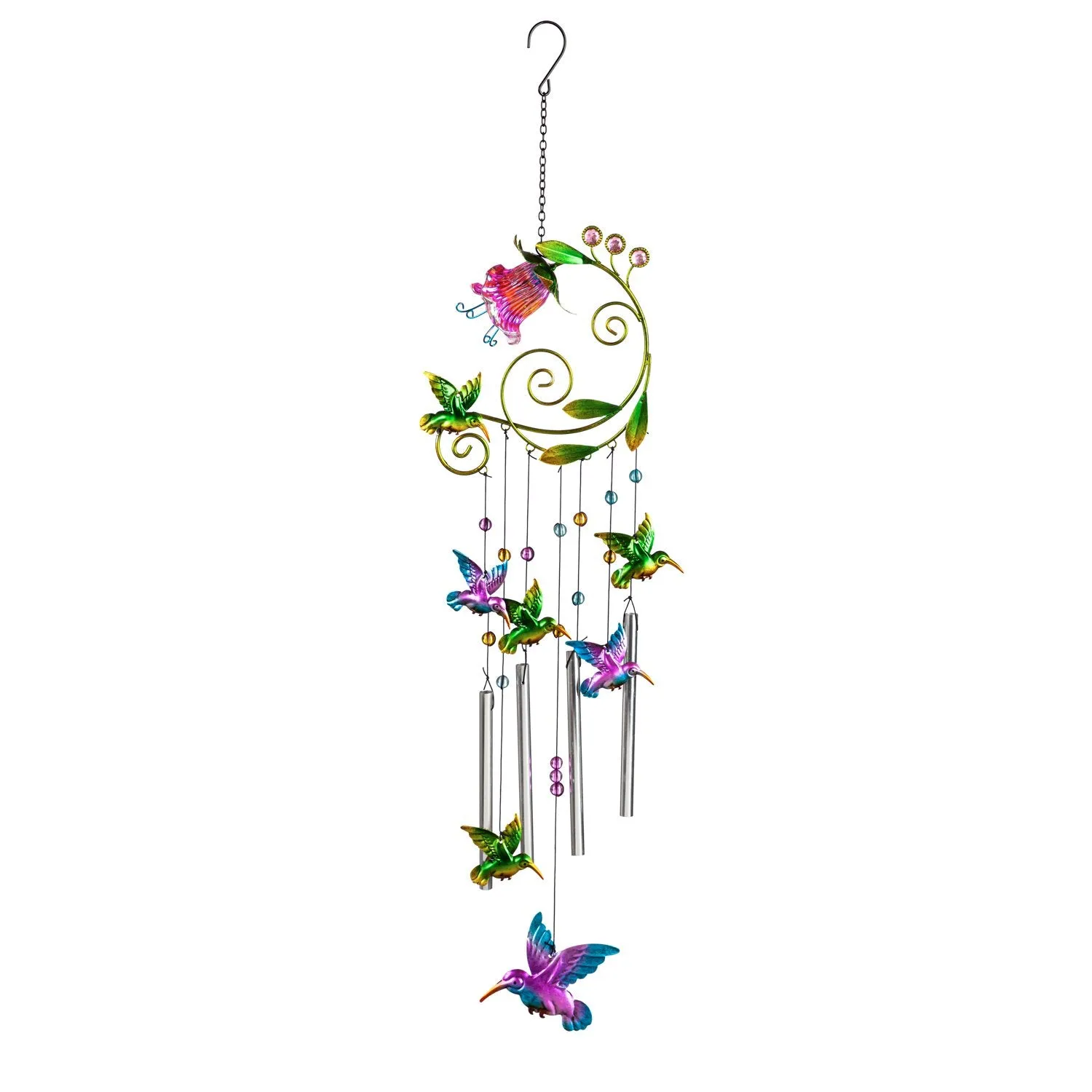 Glass and Metal Flower with Hummingbird Windchime,2wc1992