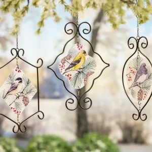 Glass Wind spinner Hanging Décor, Chickadees & Pinecones, Asst of 3,8hdg031
