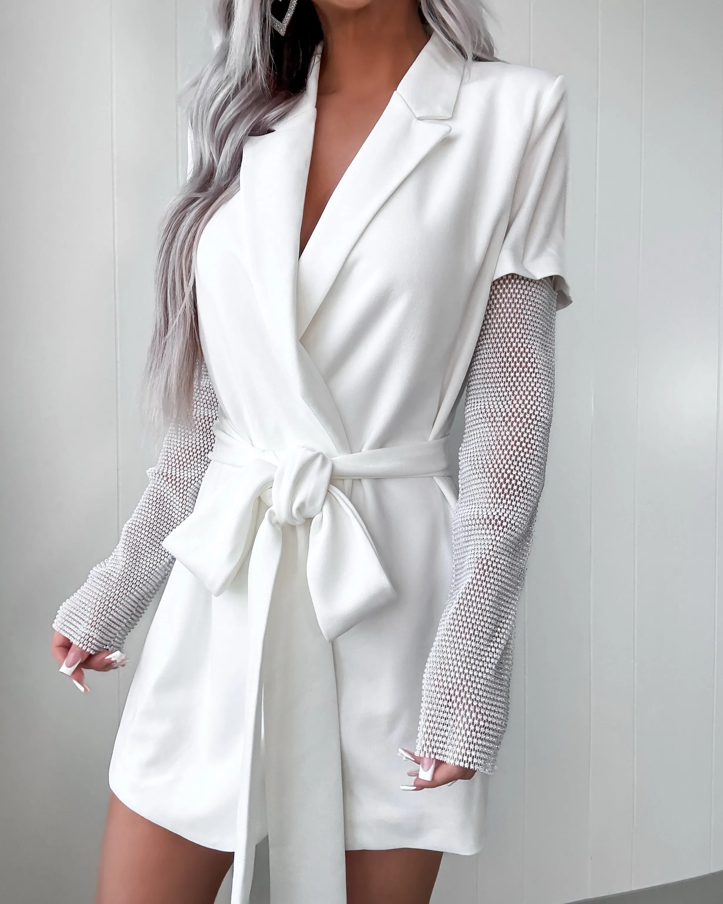 Glittering Mesh Sleeve Blazer Dress - White
