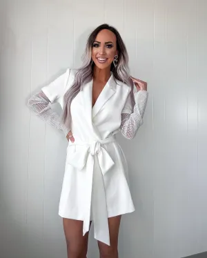 Glittering Mesh Sleeve Blazer Dress - White