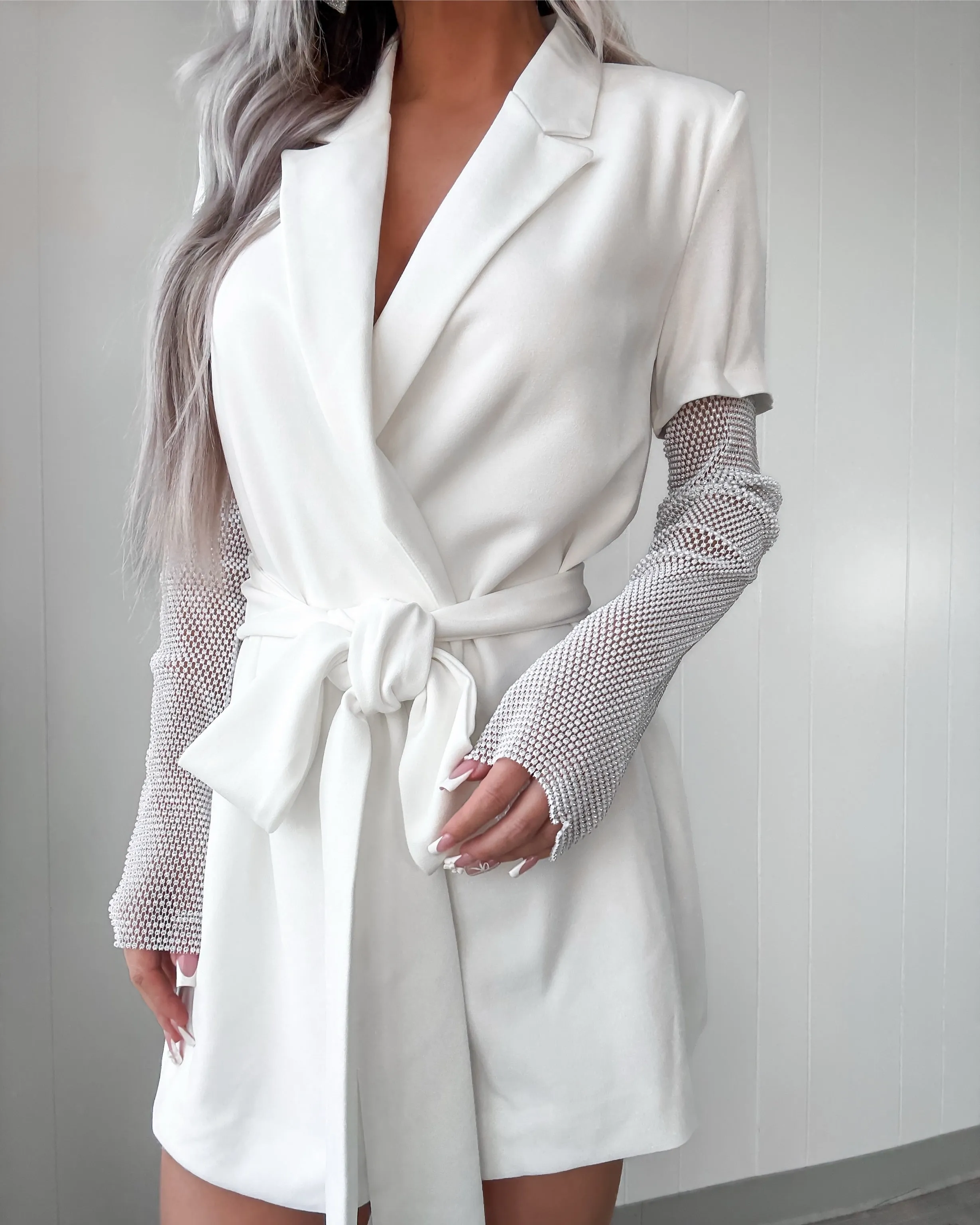 Glittering Mesh Sleeve Blazer Dress - White