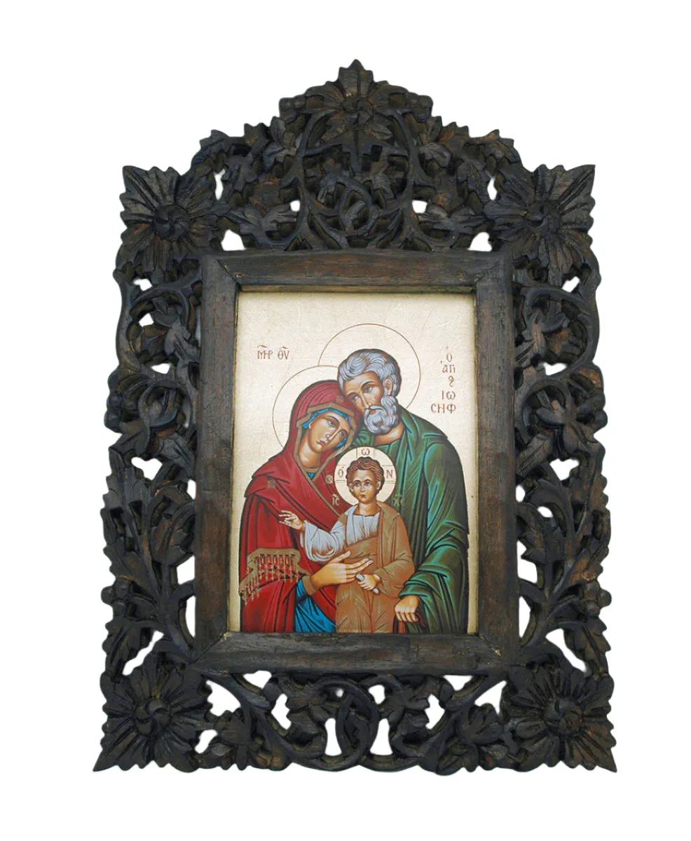 Greek Icon, Hand Painted Serigraph in Carved Wood,