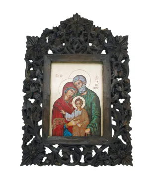 Greek Icon, Hand Painted Serigraph in Carved Wood,
