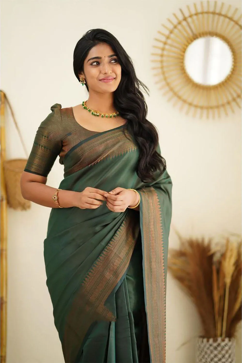 Green Soft Silk Saree With Zari Weaving Work