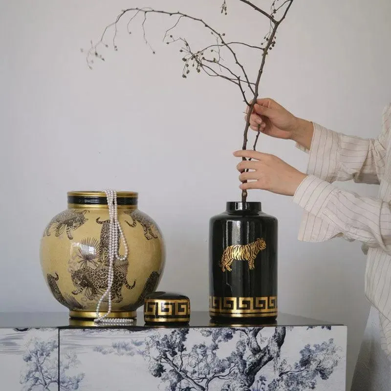 Hand-Painted Tiger Rosy Decorative Glazed Jar