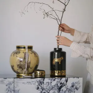 Hand-Painted Tiger Rosy Decorative Glazed Jar