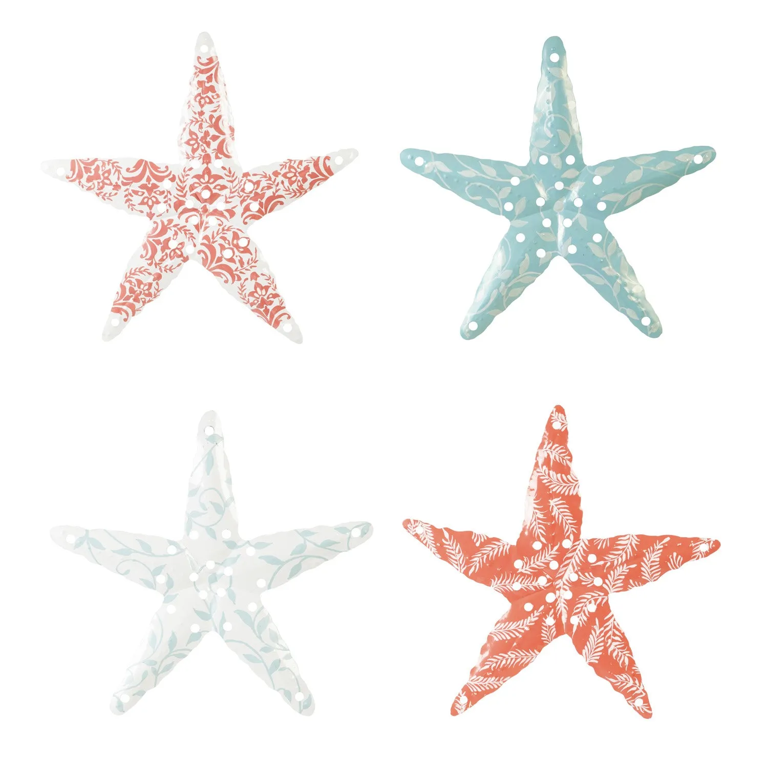 Handpainted Seafoam and Coral Metal Starfish, 4 Asst,6m580