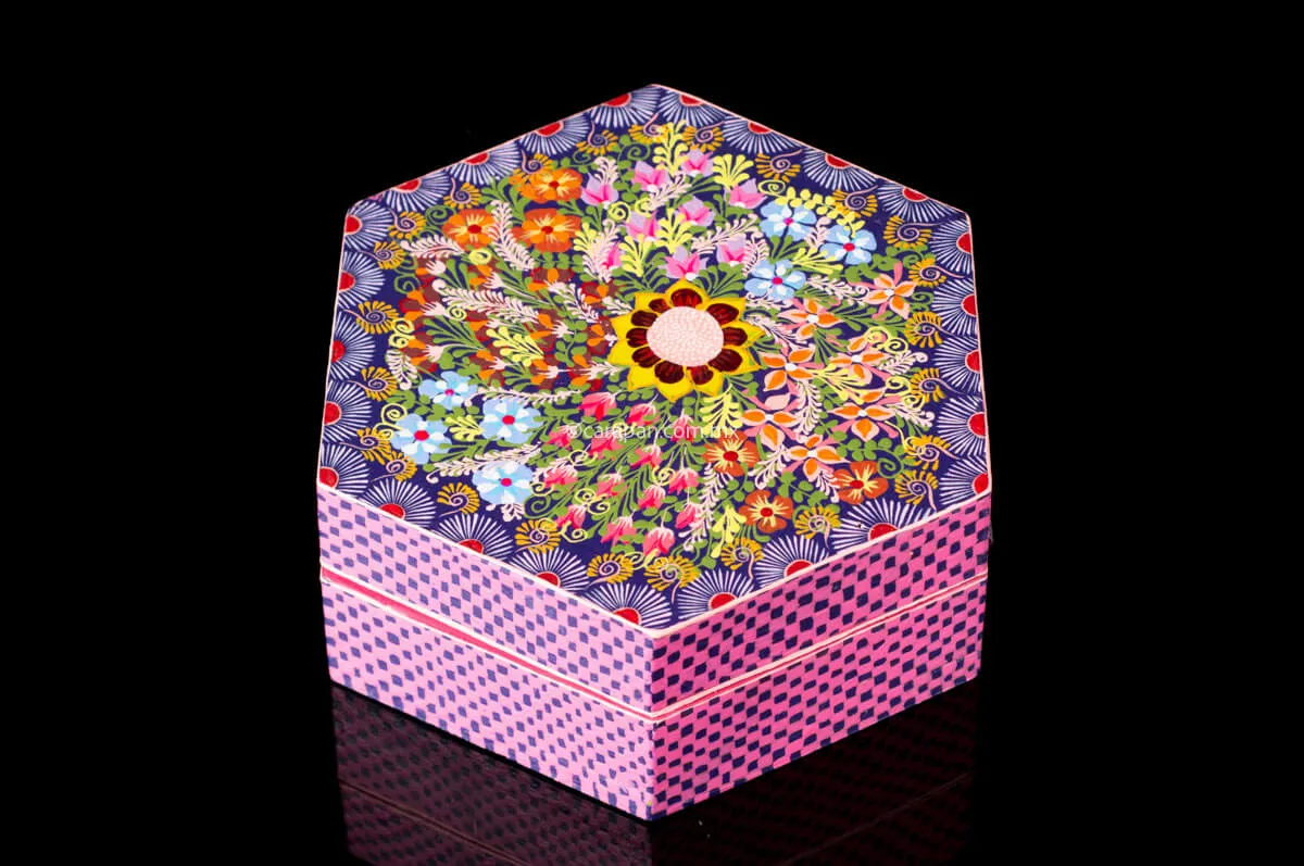 Hexagonal Wooden Box Pink & Purple Decorated with Flowers