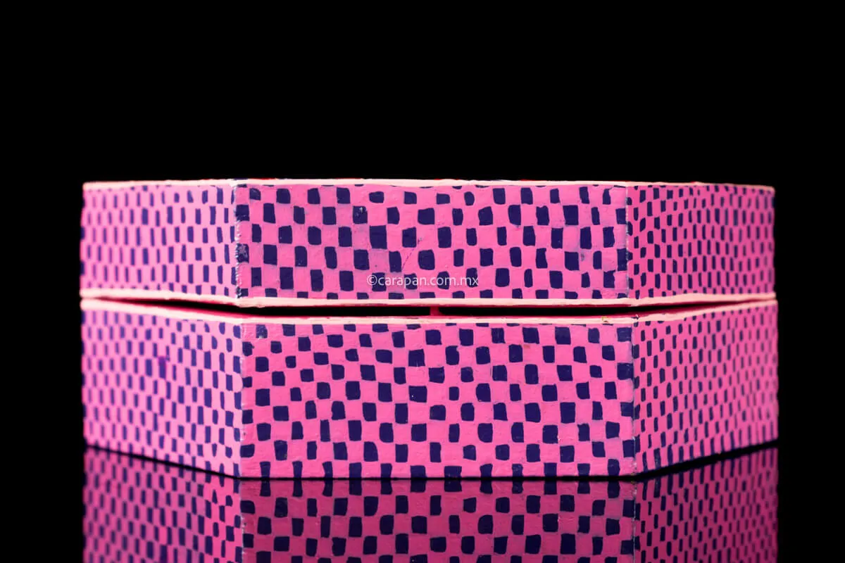 Hexagonal Wooden Box Pink & Purple Decorated with Flowers