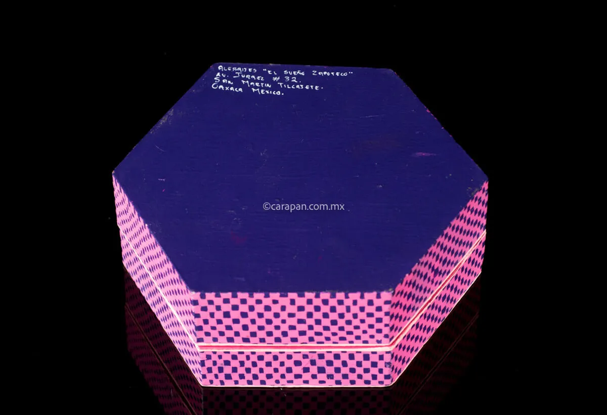 Hexagonal Wooden Box Pink & Purple Decorated with Flowers