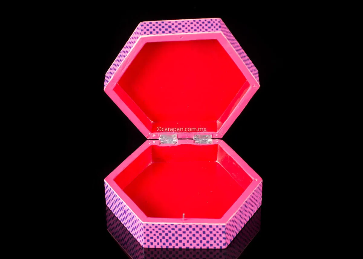 Hexagonal Wooden Box Pink & Purple Decorated with Flowers