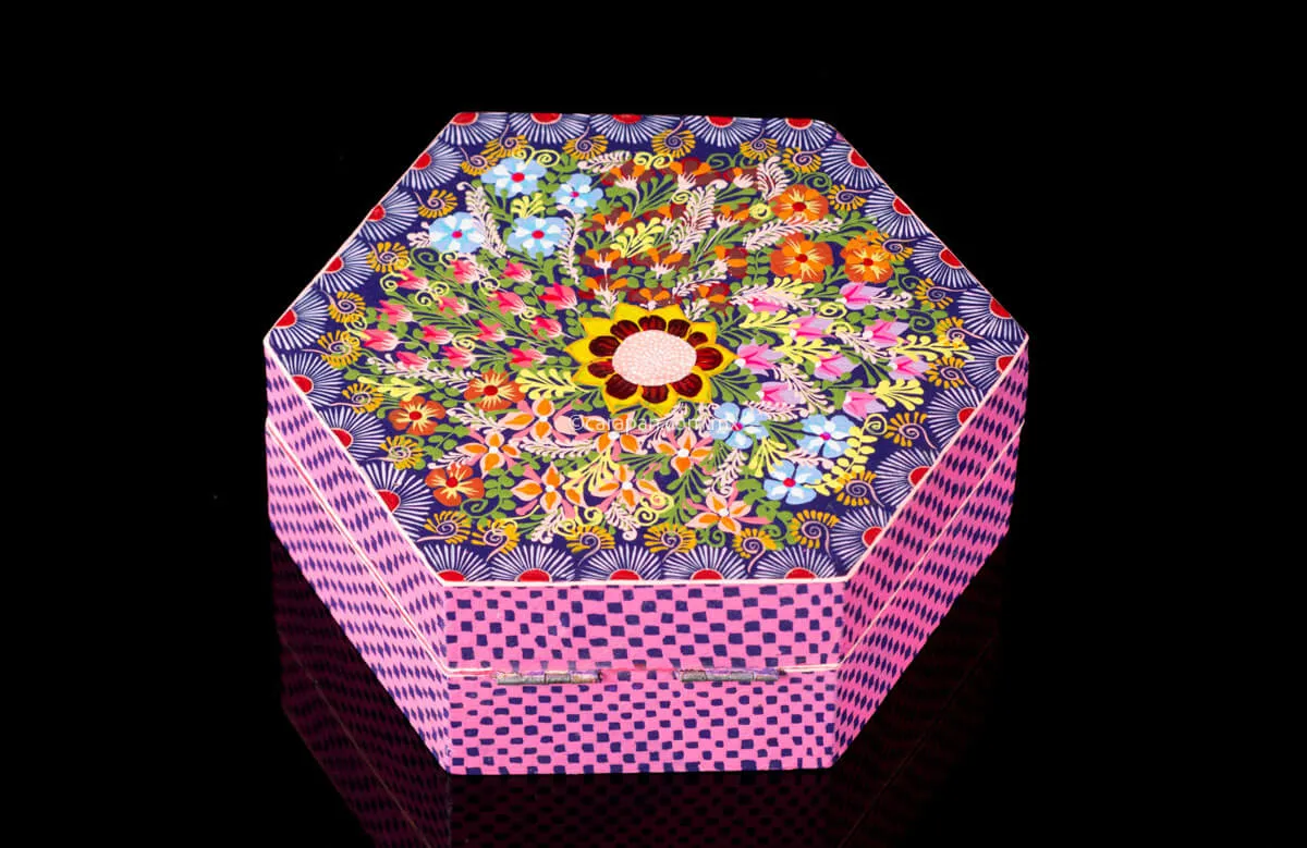 Hexagonal Wooden Box Pink & Purple Decorated with Flowers