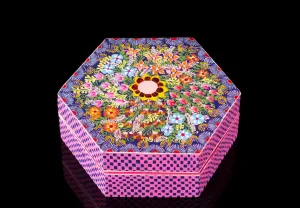 Hexagonal Wooden Box Pink & Purple Decorated with Flowers