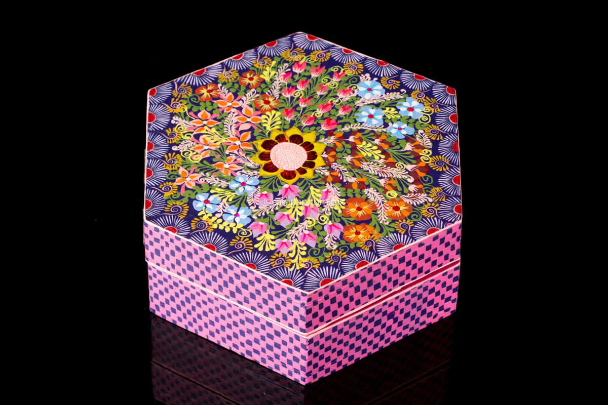 Hexagonal Wooden Box Pink & Purple Decorated with Flowers