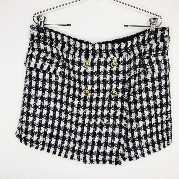 House of Harlow Black and White Checkered Wool Blend Tweed Mini Skort Skirt Lg