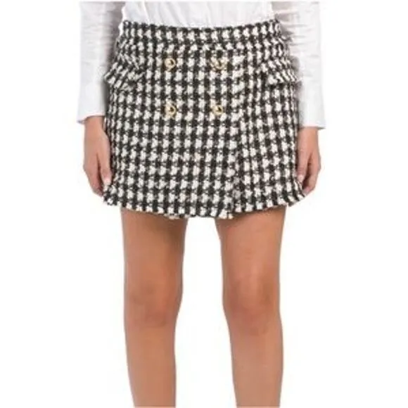 House of Harlow Black and White Checkered Wool Blend Tweed Mini Skort Skirt Lg