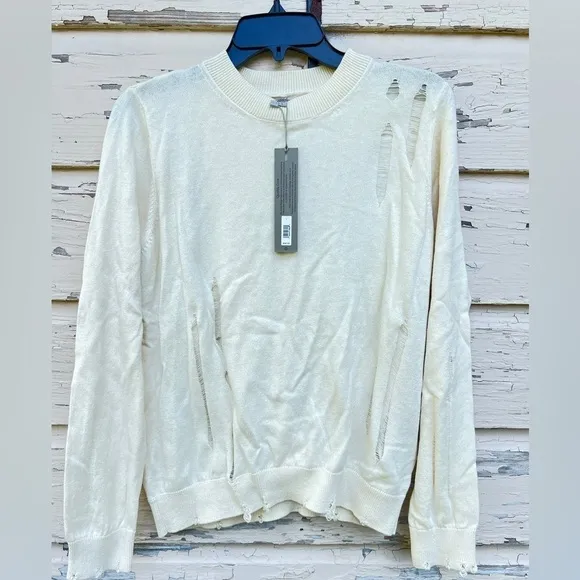 Hudson Jeans Cashmere Blend Distressed Soft Twist Back BoHo Pullover Sweater L