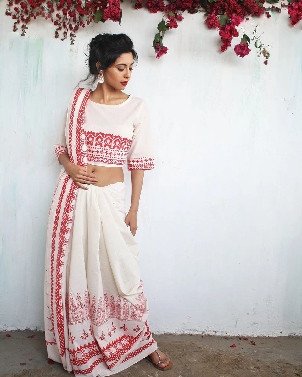 Ivory Charm Handblockprinted Cotton Saree