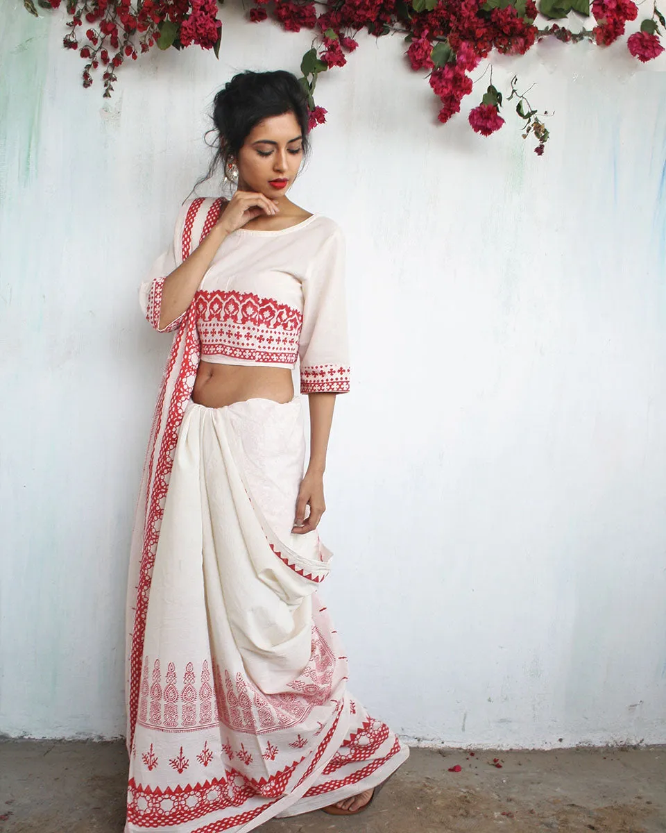 Ivory Charm Handblockprinted Cotton Saree