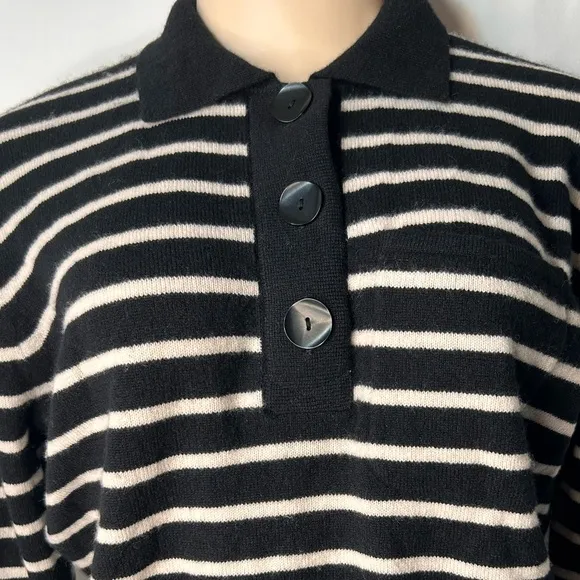 J.Crew 100shmere Collar Sweater Black White Stripes  Long Sleeve 3Buttons XXS