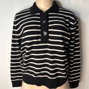 J.Crew 100�shmere Collar Sweater Black White Stripes  Long Sleeve 3Buttons XXS