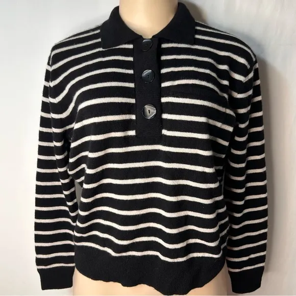 J.Crew 100shmere Collar Sweater Black White Stripes  Long Sleeve 3Buttons XXS