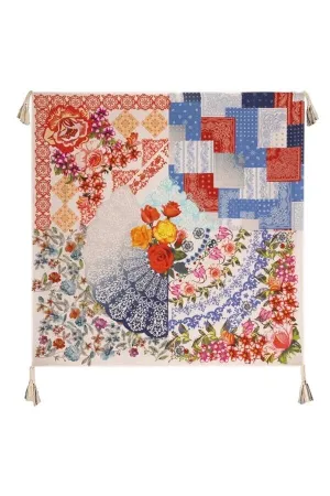 Johnny Was Tango Scarf Flowers Silk Square Large Floral Red Scarves Tassels New
