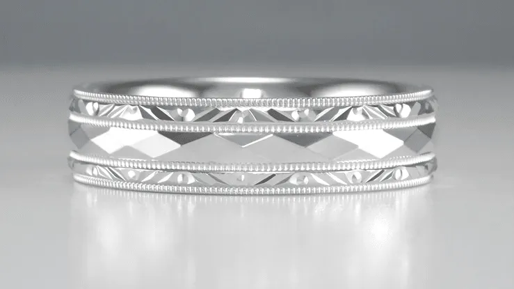Kaleidoscope and Chevrons 6mm Wide Retro Engraved Wedding Band in White Gold