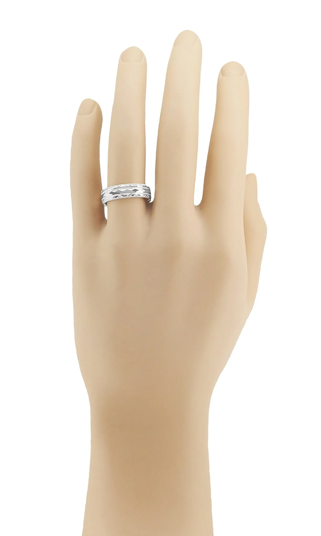 Kaleidoscope and Chevrons 6mm Wide Retro Engraved Wedding Band in White Gold