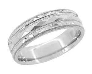Kaleidoscope and Chevrons 6mm Wide Retro Engraved Wedding Band in White Gold