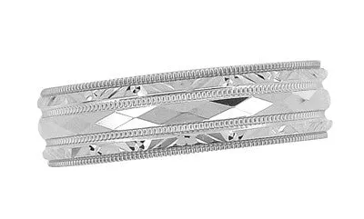 Kaleidoscope and Chevrons 6mm Wide Retro Engraved Wedding Band in White Gold