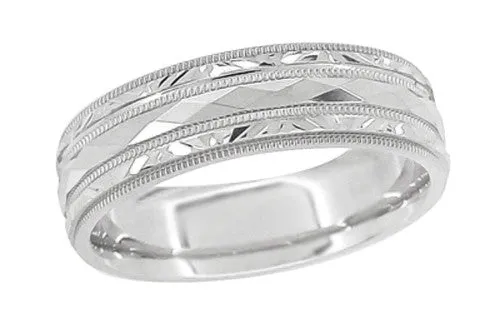 Kaleidoscope and Chevrons 6mm Wide Retro Engraved Wedding Band in White Gold