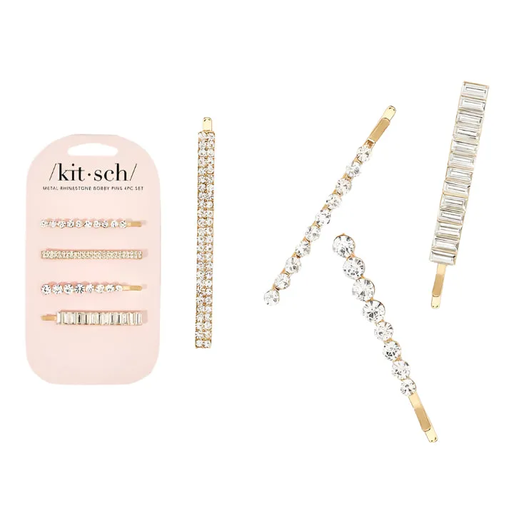 Kitsch Metal Rhinestone Assorted Bobby Pins 4pc Set - Gold