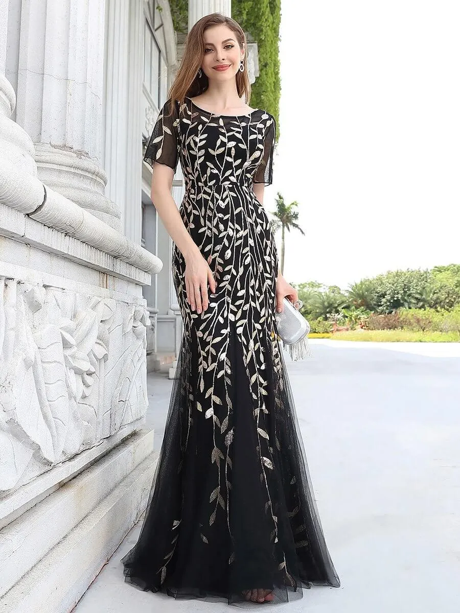 Krystal tulle embroidered leaf pattern dress with sequins in darker colors