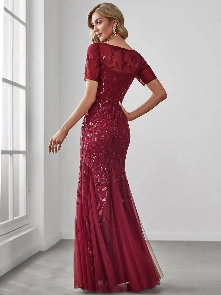Krystal tulle embroidered leaf pattern dress with sequins in darker colors