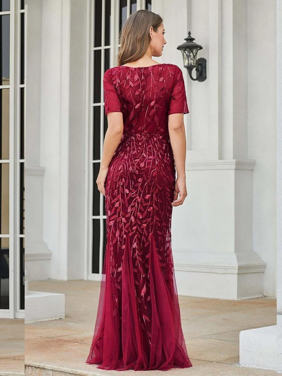 Krystal tulle embroidered leaf pattern dress with sequins in darker colors
