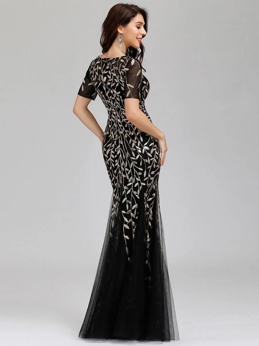 Krystal tulle embroidered leaf pattern dress with sequins in darker colors