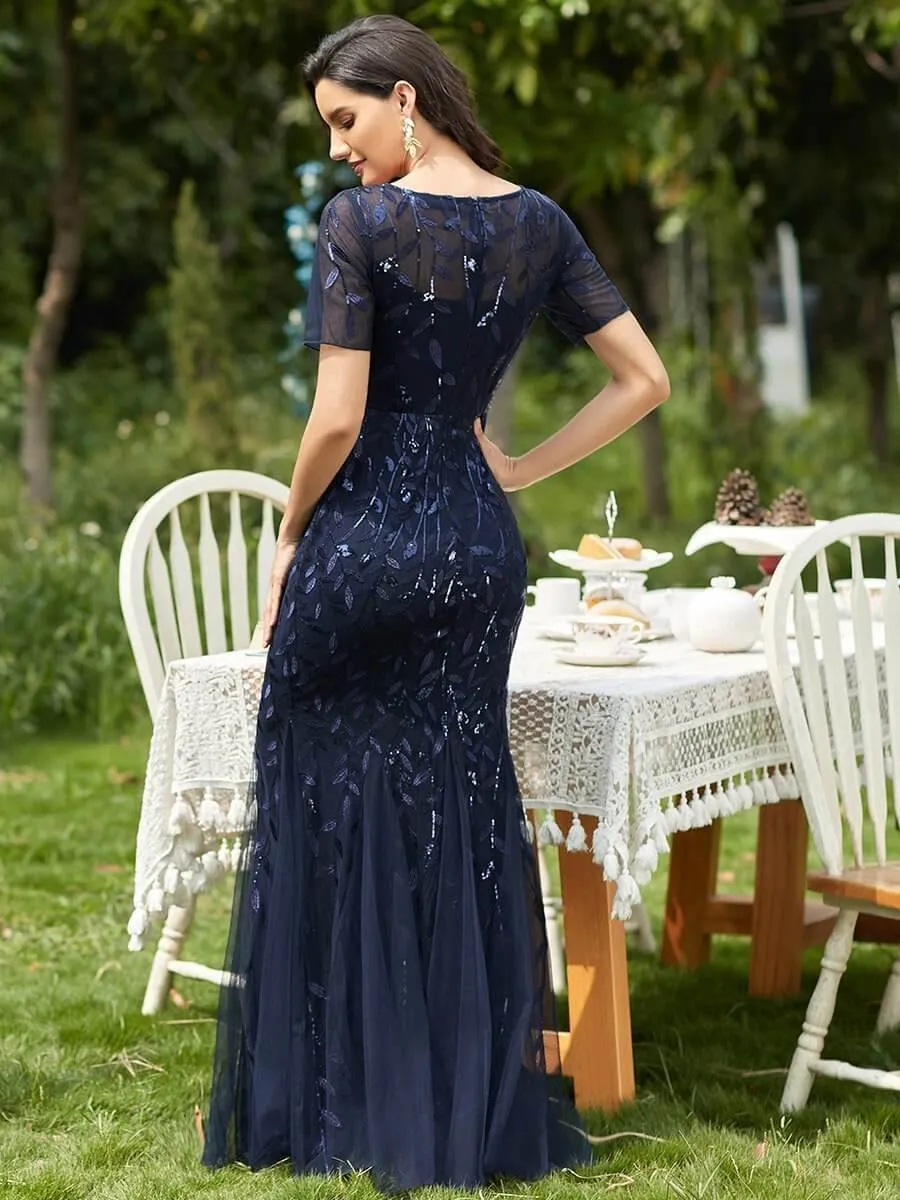 Krystal tulle embroidered leaf pattern dress with sequins in darker colors