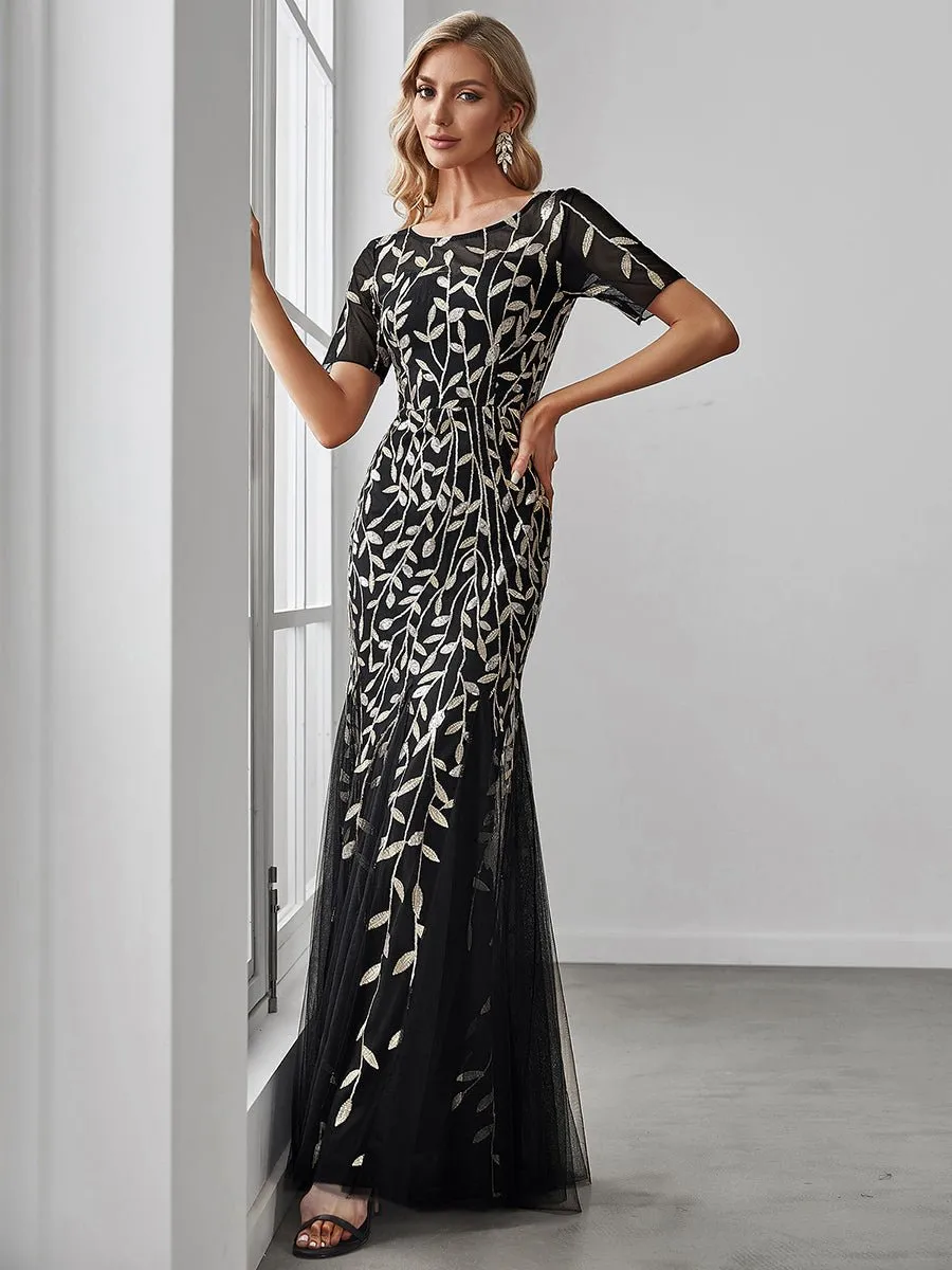 Krystal tulle embroidered leaf pattern dress with sequins in darker colors
