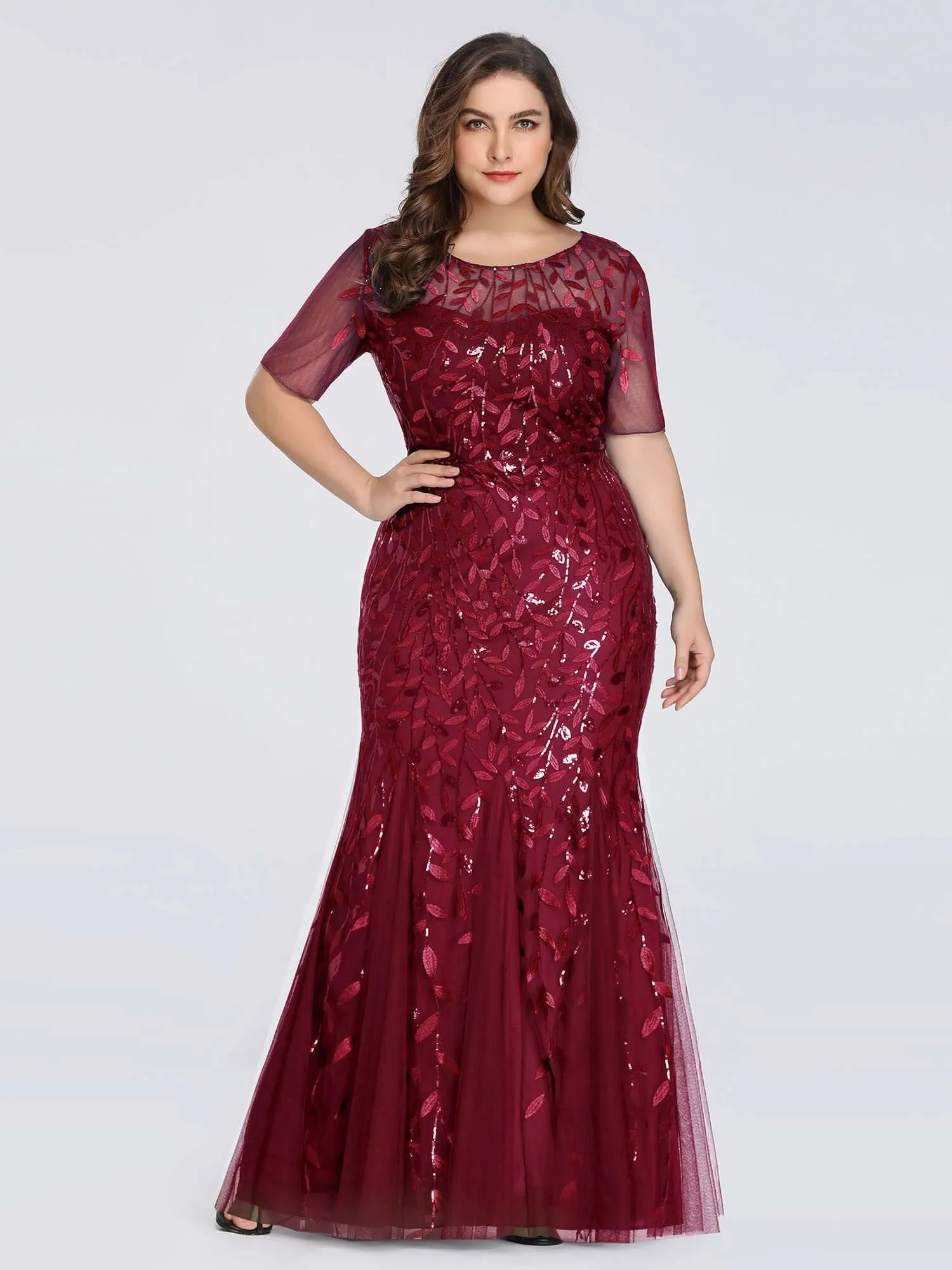 Krystal tulle embroidered leaf pattern dress with sequins in darker colors
