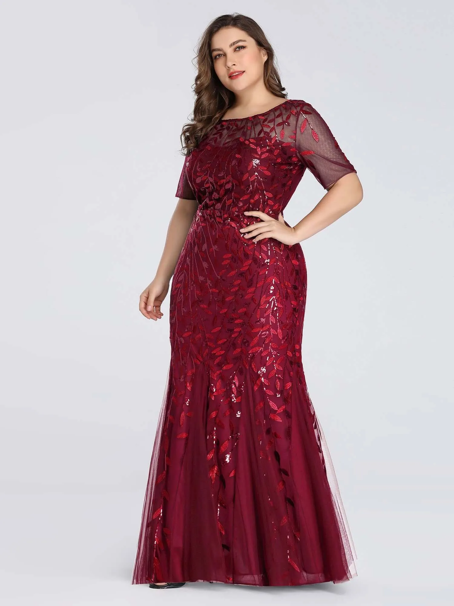 Krystal tulle embroidered leaf pattern dress with sequins in darker colors