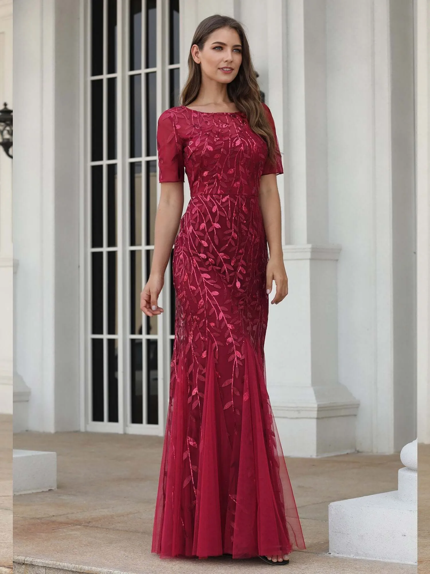Krystal tulle embroidered leaf pattern dress with sequins in darker colors
