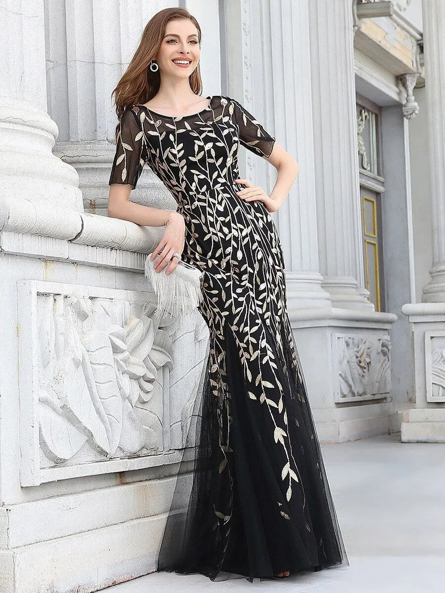 Krystal tulle embroidered leaf pattern dress with sequins in darker colors