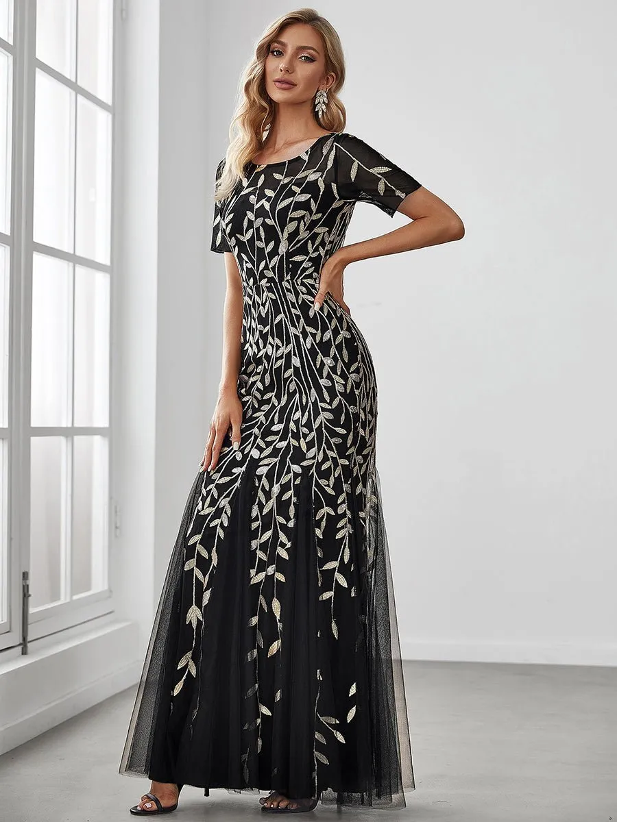 Krystal tulle embroidered leaf pattern dress with sequins in darker colors